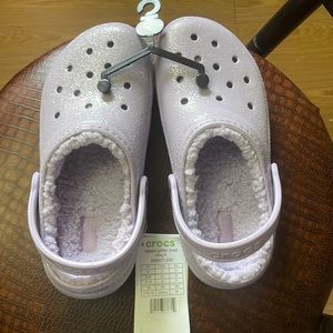 Children’s glitter light purple lined Crocs size 3.